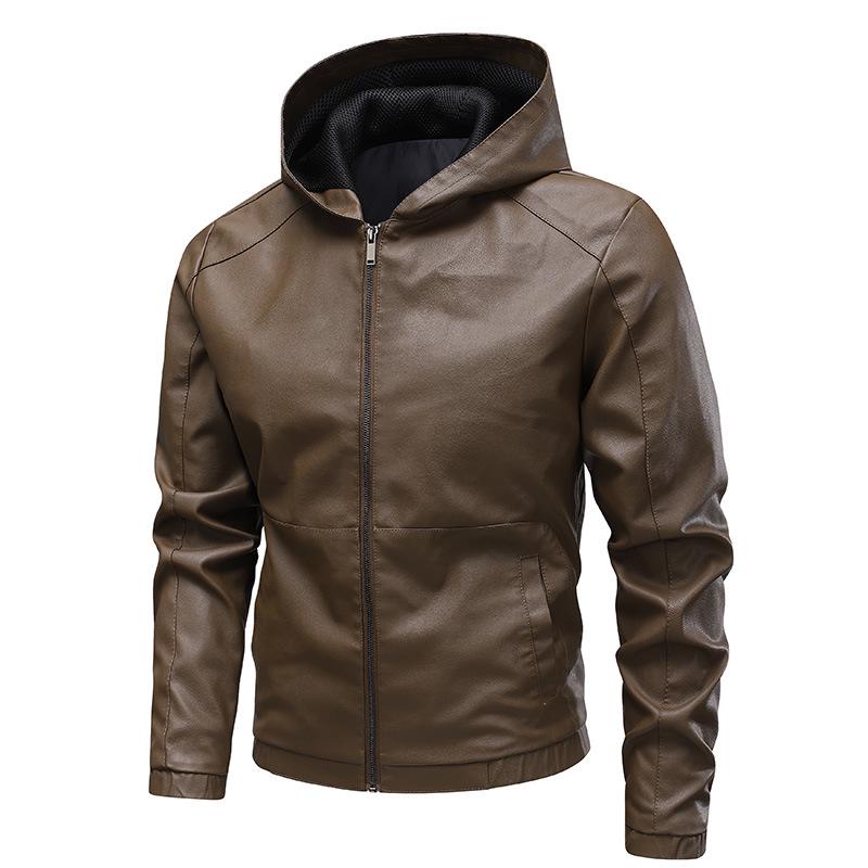 Frühjahr/Sommer 2025 Amerikanische Retro Herren PU-Leder Kapuzen-Motorradjacke