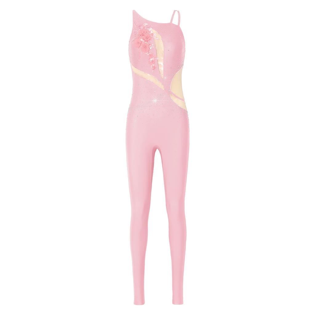 Tuta da ginnastica da donna asimmetrica sulle spalle con schiena scoperta e cinturini, pantaloni lunghi con strass