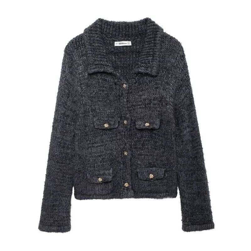 Fashion Style 2024 New Fall Women's Clothing Stylish Gray Short Version Knitting Cardigan Outwear 5711630