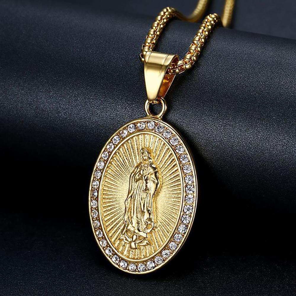 Hip Hop Iced Out Bling Virgin Mary Pendant Necklaces Female Gold Color Stainless Steel Madonna Necklace for Women Jewelry Gift