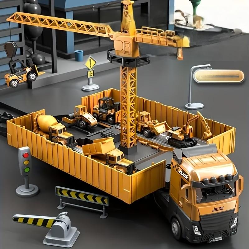 Jumbo Alloy Container Truck Set with Multi-Function Crane Yellow, Manual Operation, Durable Plastic Construction Toy for Boys, Ideal Christmas Gift