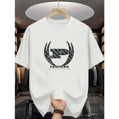 European Size [PHATFARM Summer T-Shirt] Classic Trendy Men's Short-Sleeve T-Shirt | Stretchy Ribbed Round-Neck Comfortable Breathable Letter Print