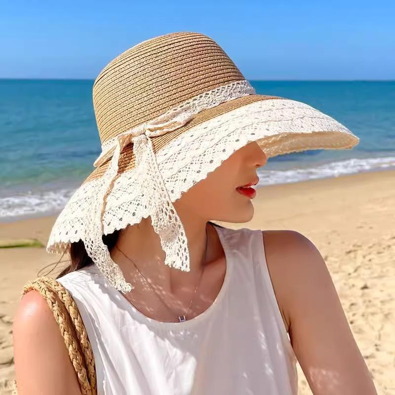 Lace Bow Straw Hat Women's Summer French Large Brim Sunscreen Hat Seaside Beach Vacation Sun Hat