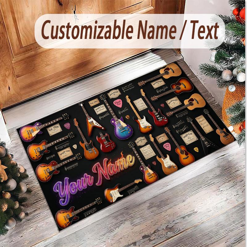 Music Guitar Theme Soft Crystal Velvet Rug Custom Name & Text Print Non Slip Floor Rug for Bedroom Living Room