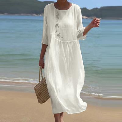 Women Spring Fall Dress Flower Embroidery Round Neck Three Quarter Sleeve Loose