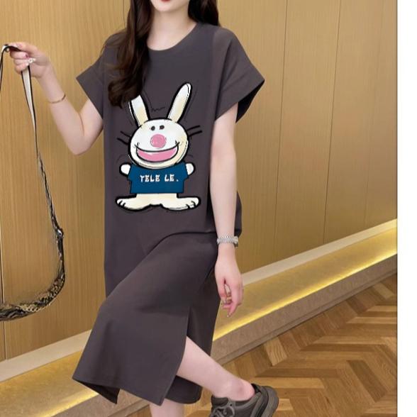 

Женская мода свободная корейская версия футболки юбка летняя толстая мм короткий рукав выше колена длинное платье повседневное платье с разрезом 4XL темно-серого