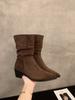 High heel pointed suede khaki thin French small short boots women's shoes 2025 new stacking boots spring and autumn single boots