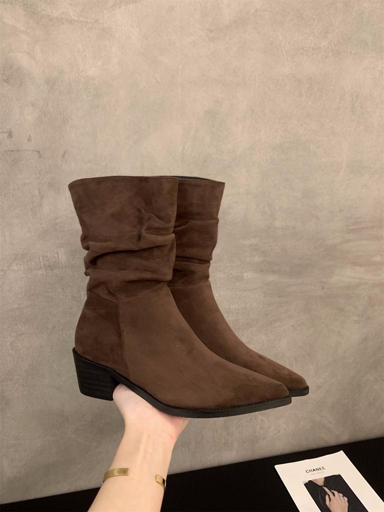 High heel pointed suede khaki thin French small short boots women's shoes 2025 new stacking boots spring and autumn single boots