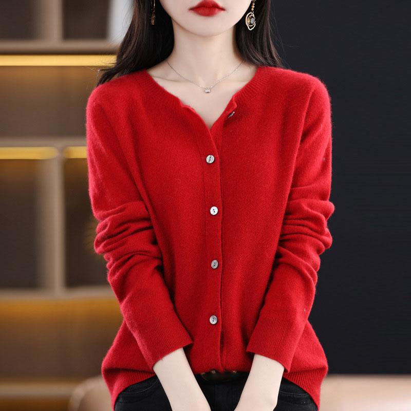 Cardigan Women Round Neck Spring and Autumn Long-sleeved Tunic Tops Pure Wool Knitted Jacket Plus Size