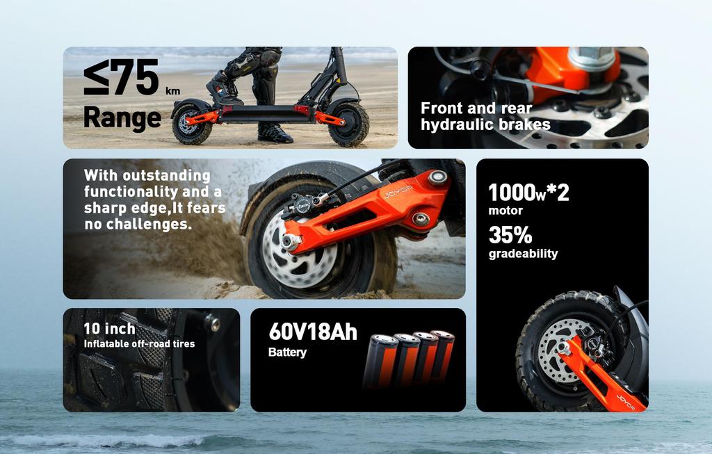 JOYOR T10 Foldable Electric Scooter 10" Tires 1000W*2 Dual Motors 60V18Ah Battery 60km/h Max Speed 75km Max Range