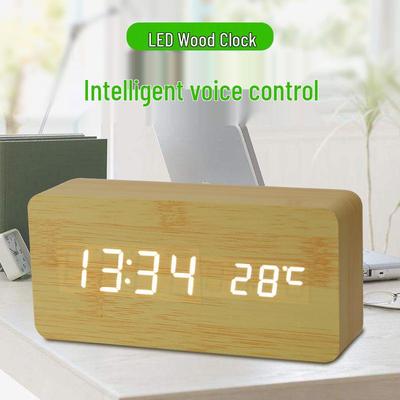 Voice-Controlled LED Wooden Alarm Clock with Temperature Display