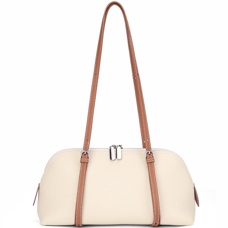 Women's Genuine Leather Shell Bag Minimalist Zipper Shoulder Bag with Adjustable Strap Casual Tote Handbag for Daily Commute