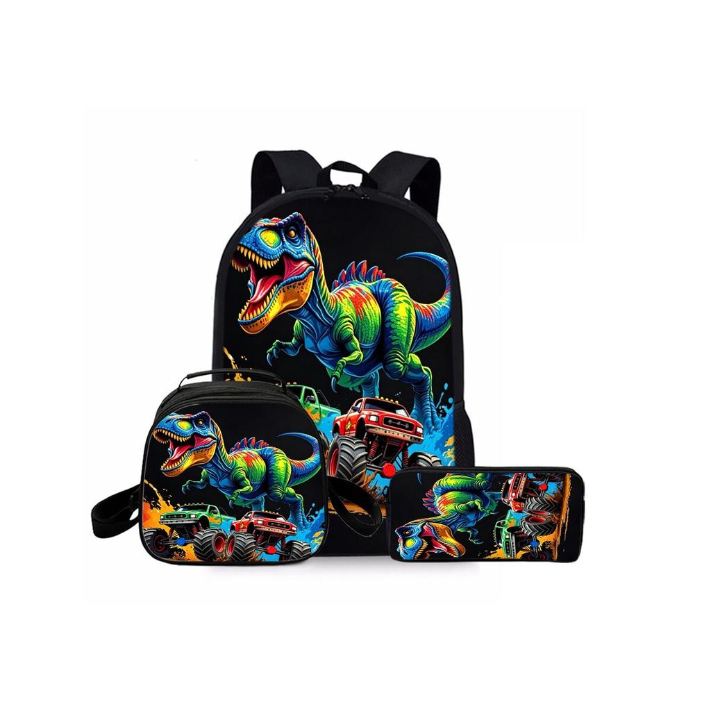 Set Tre Pezzi Stampa Dinosauro Vulcano Zaini per Ragazzo/Ragazze Miglior Regalo Cartone Animato 2D Alla Moda Borsa Scolastica per Bambini