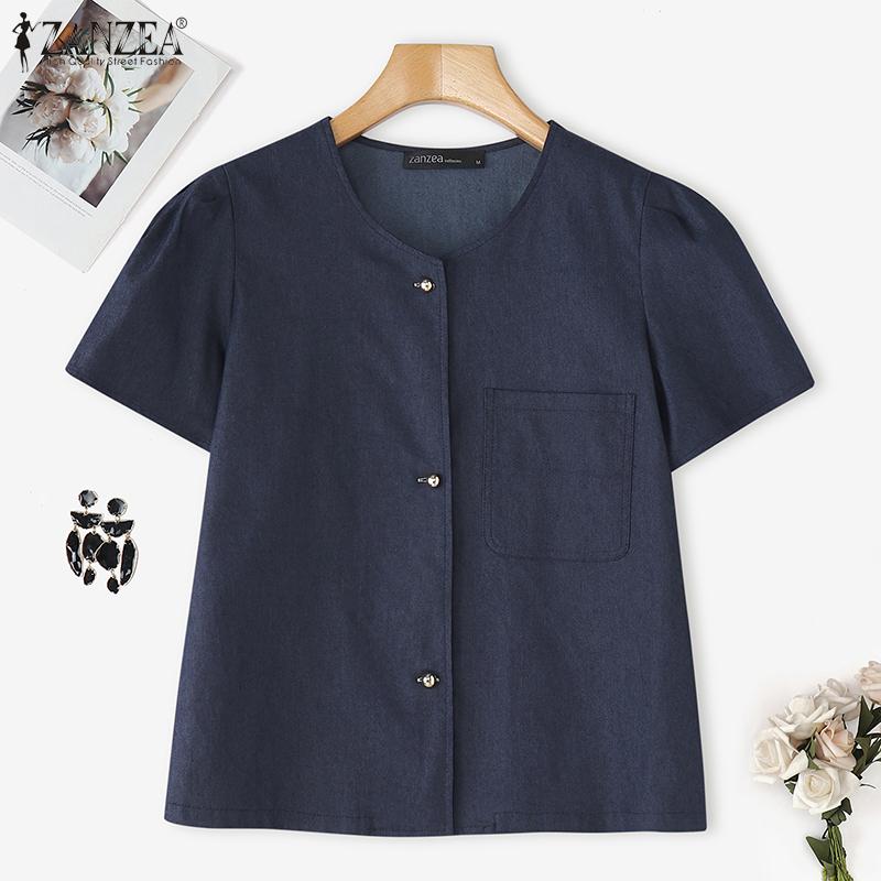 ZANZEA Women Casual Round Neck Button Short Sleeve Blouse