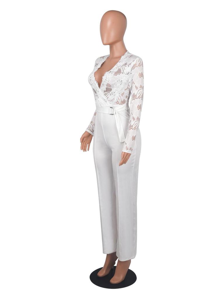 Elegant V-Neck Lace Slim Fit See-Through Jumpsuit
