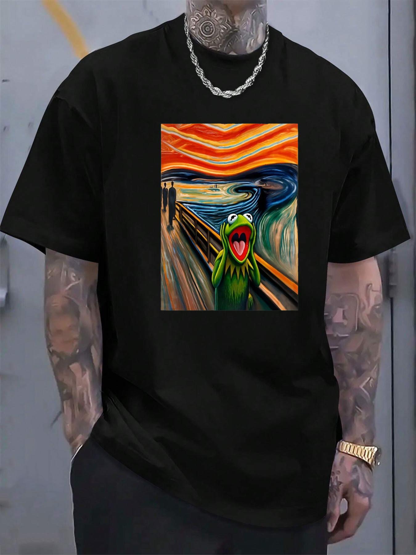 Men s Casual Cotton T-Shirt with Vibrant Lizard & Abstract Landscape Print - Crew Neck XXXL