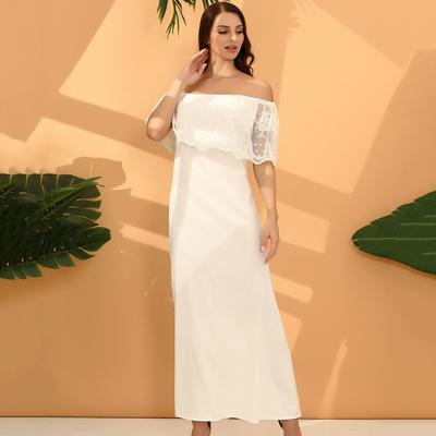 A Summer Elegant White High-waisted Backless One-shoulder Lace Dress with Lace-up Patterns