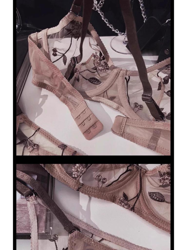 Conjunto de sujetador sexy de encaje francés con bordado: Diseño Adelgazante Transparente para Pechos Grandes o Pequeños, Reduce la Grasa Lateral, Efecto Recogido Ultradelgado