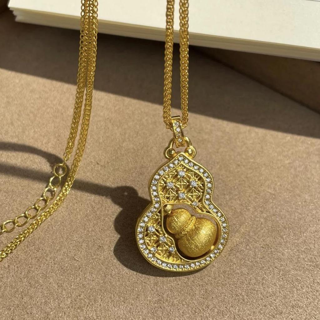 New Chinese Style Rhinestone Carved Gourd Pendant Necklace for Women