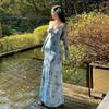 Autumn blue vacation scheming hollow V-neck dress femininity smudging slim slim spice girl long dress