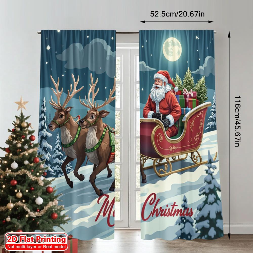 2pcs 2D Flat Printing Christmas Party Curtain Santa Claus Sleigh Reindeer Snow Christmas Fabric Without Electricity Birthday