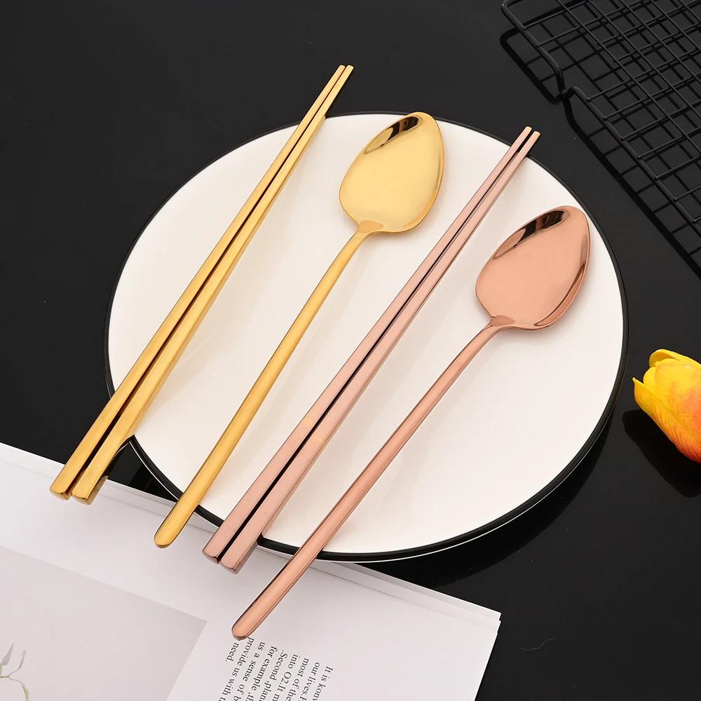 Silver Stainless Steel Flatware Cutlery Set Sushi Sticks Dinner Set 12Pcs Dinnerware Korean Chopsticks Fork Spoon Dinnerware