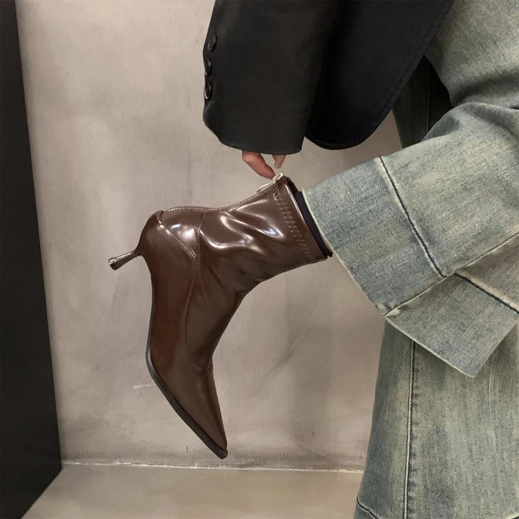 Fashion High Heel Women Short Boots Fashion Zippers Shoes Retro Style Autumn Winter Pointed Toe Ladies Dancing Party Prom Shoes