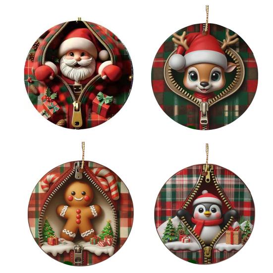 Vánoční ozdoby Santa Claus/Sobi/Tučňák/Perníkový muž v červeném kostkovaném designu na zip Kulaté 2D akrylové ozdoby na sváteční strom