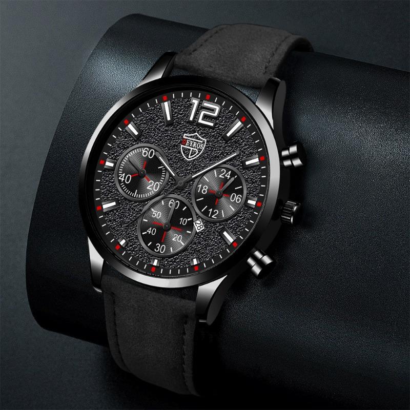 2PCS Set DEYROS Fashion Men's Watch Luxury Men's Leather Strap Calendar Watch Casual Men's Leather Quartz Watch Men's Gifts