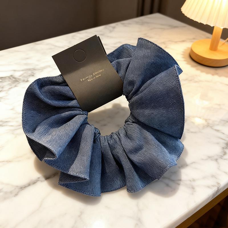 Koreanischer Retro Klassiker Doppellagiger Denim Blau Plissiertes Haargummi Elastisches Band