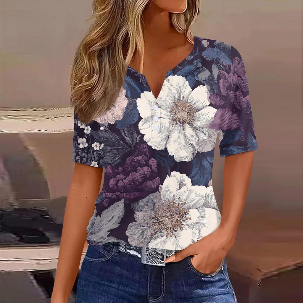 Women's Fashionable Casual Retro Print V-Neck Short Sleeve Decorative Button T-Shirt Top