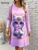 Cute Cat Floral 3D Print Dresses Women's Fashion Gradient Long-Sleeve Dress Autumn Winter Daily Casual Women's Loose Home Dress