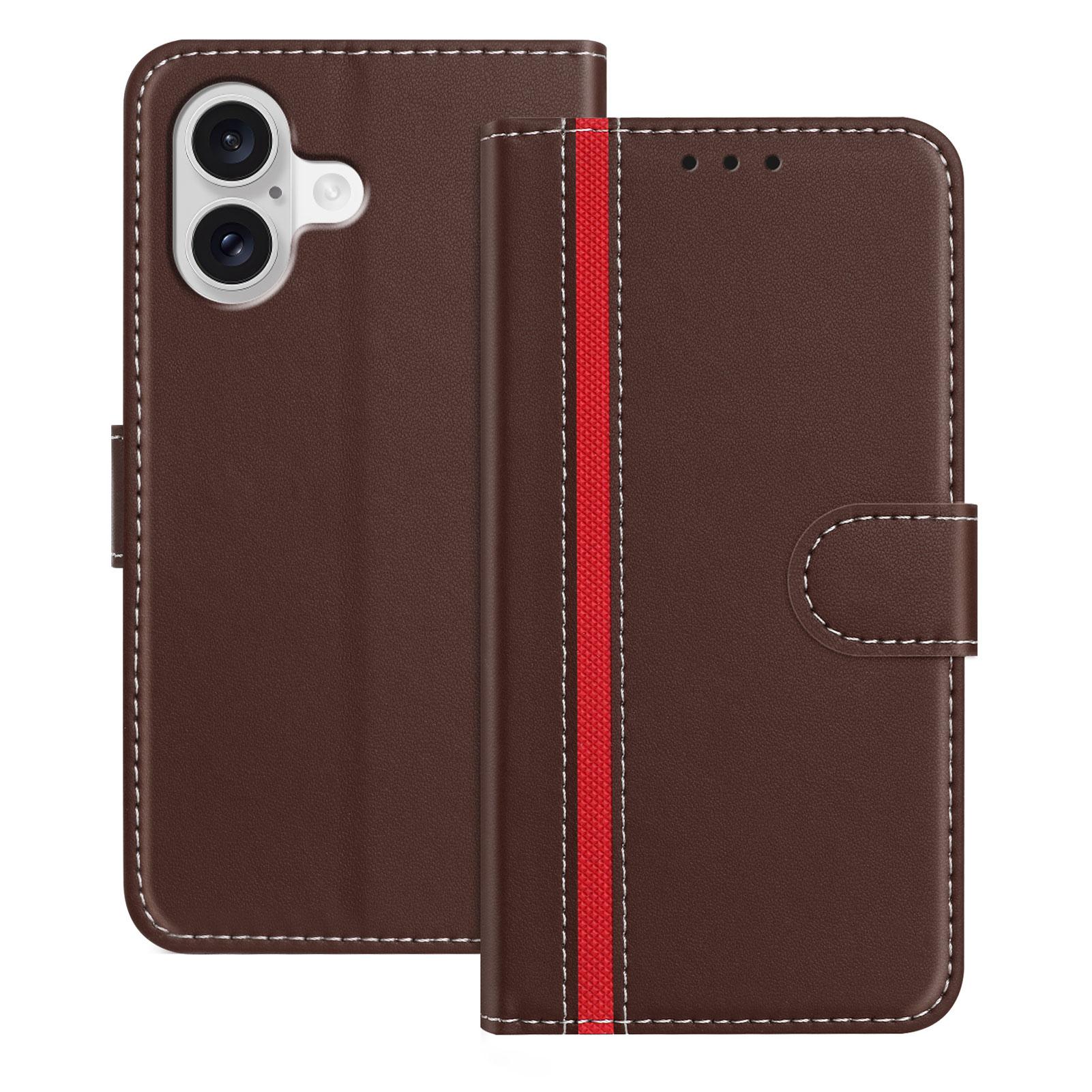 

For iPhone 17 Phone Cases Wallet Stand Color Splicing Leather Cover with Magnetic Clasp Brown