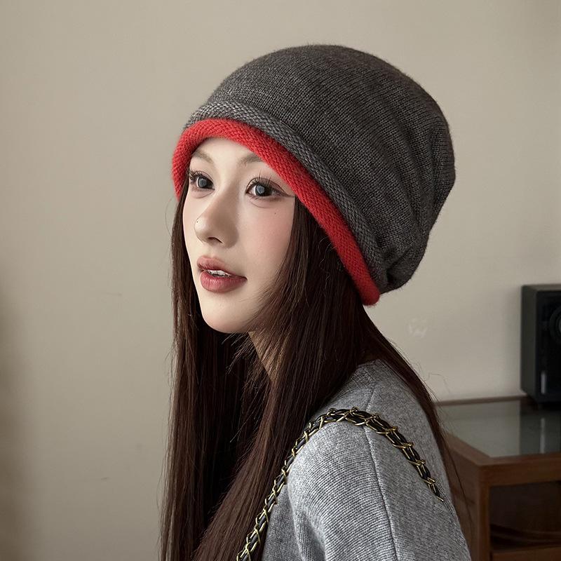 Wool Color blocked Rolled Edge Baotou Hat Autumn and Winter Ear Protection Cold Hat Large Head Circumference Versatile Pile Hat