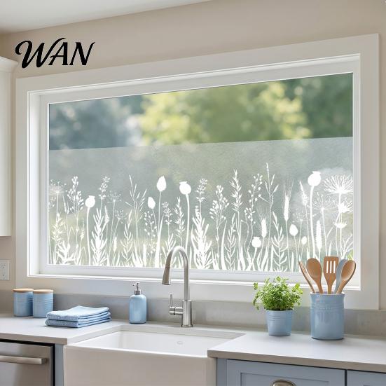 Privacy Window Film Frosted Flower Static Glass Sticker Floral Plants Decorative Cling Decal Waterproof UV Sun Blocking Cover for Home Office Kitchen