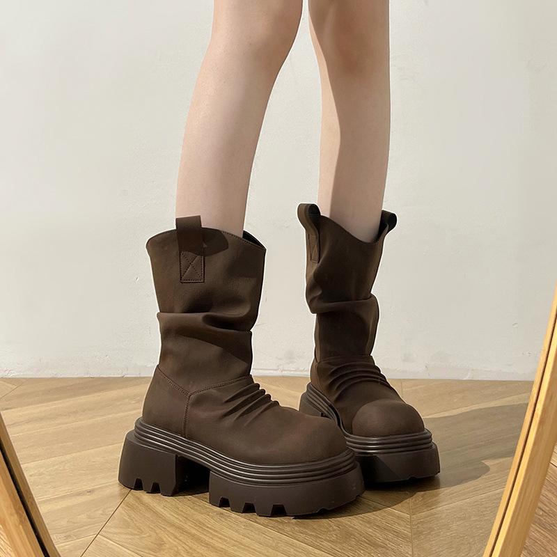 Thick-soled Thin Pleated Martin Boots Women's Spring and Autumn Single Boots New Simple Stacking Boots Heightening Rhubarb Boots