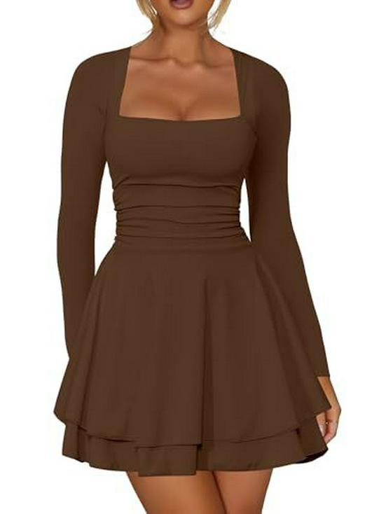 European & American Women's Square Neck Long Sleeve Slim Fit Short Dress - Beach Vacation Style