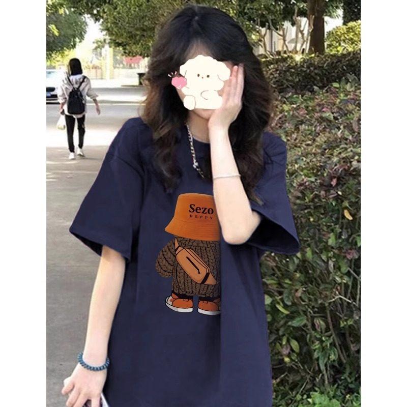 American Retro Pure Cotton Bear Printing Large Size Short-sleeved T-shirt Women's Fat Mm Summer Trendy Brand Design Sense Loose Half Sleeve