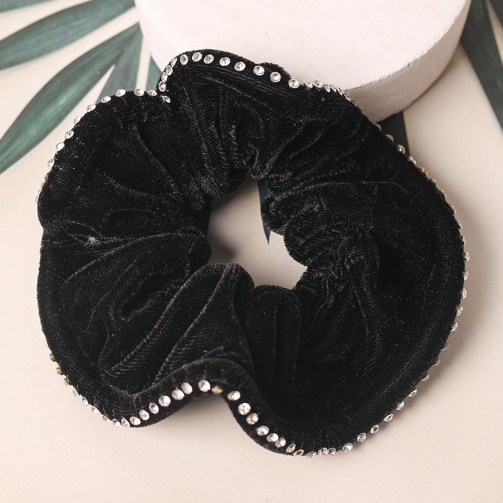 Velvet Hair Tie with Rhinestones - Non-Fading, Diamond-Studded Korean Scrunchie Hair Accessory