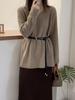 Korean-Style Loose Fit Wool Knit Sweater for Women – Belted, V-Neck, Long Sleeve, Plus Size, Mid-Length.