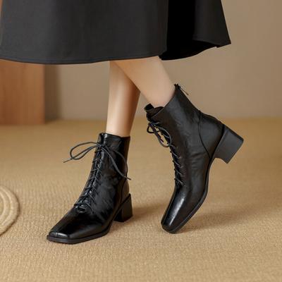 Mode NIEUWE Herfst Dames Schoenen Vierkante Neus Dikke Hak Laarzen Split Leer Schoenen voor Dames Hoge Hak Enkellaarsjes Veters Designer Laarzen