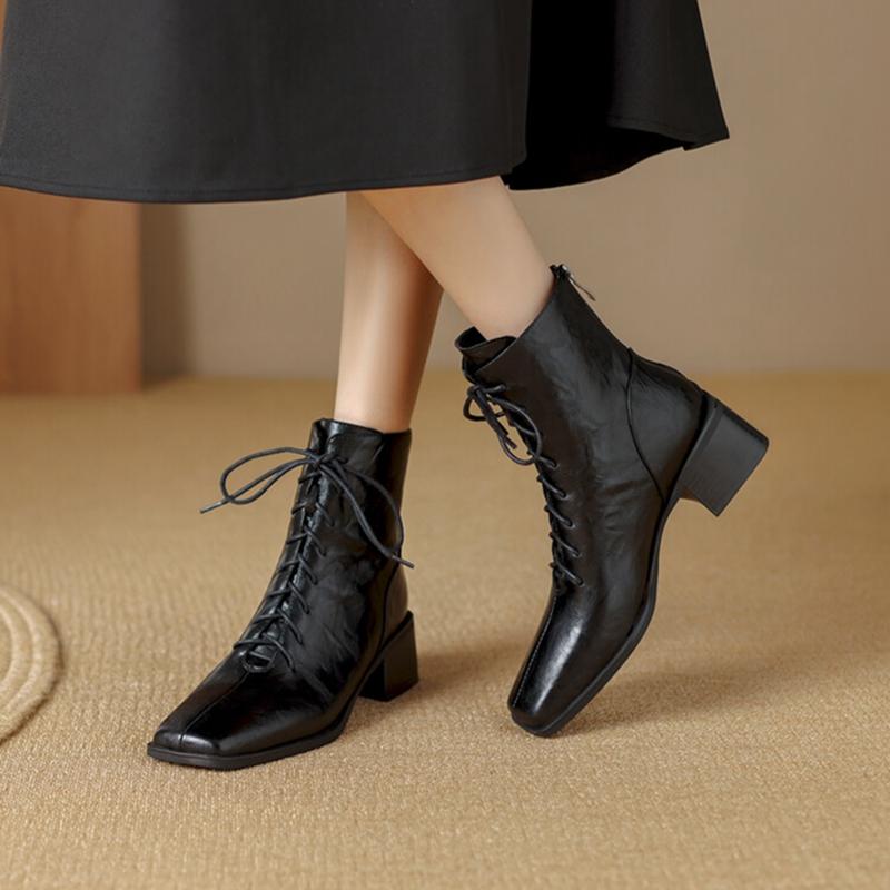 Moda NUOVO Autunno Scarpe da Donna Punta Quadrata Tacco Grosso Stivali Scarpe in Pelle Scamosciata per Donna Stivaletti Tacco Alto Allacciatura Stivali di Design