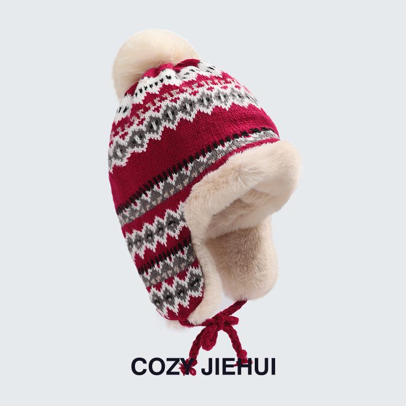 Fair Island Wind Knitted Hat Thickened Northeast Windproof and Cold-proof Thunder Front Hat Winter Thickened Warm Ear Protection Jacquard Hat