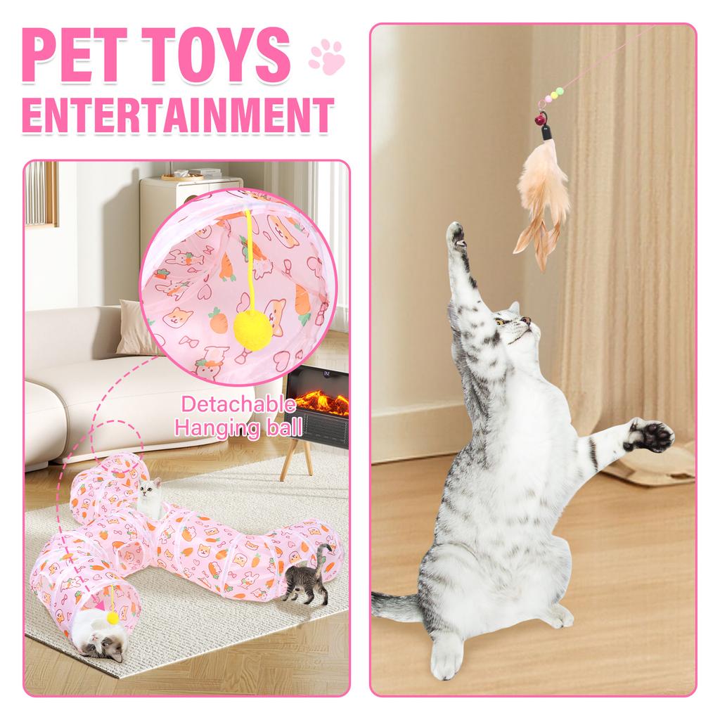 Faucet Style Foldable Cat Tunnel Versatile Tear Resistant Small Animal Tunnel Toy With Cat Teaser for Indoor Outdoor