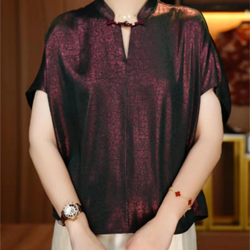 

Summer Women s Stand Collar Batwing Sleeve Blouse with Glossy Satin Texture Mandarin Collar Detail L