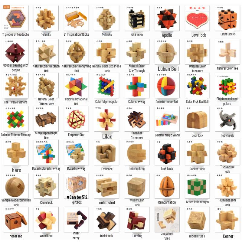 100-Piece Kongming Lock Wooden Puzzle Set for Kids and Adults