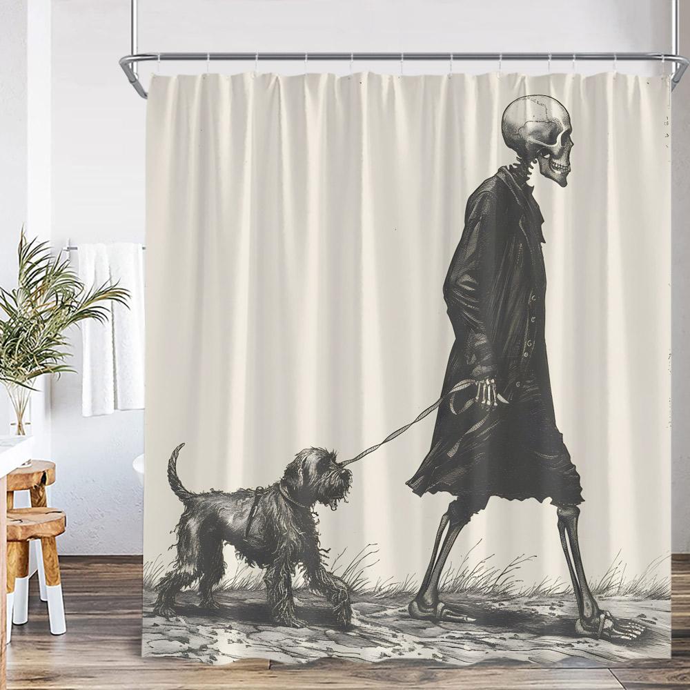 Funny Skeleton Shower Curtain Skull Happy Halloween Vintage Bathoom Decor Scary Retro Polyester Bath Curtain with Hook