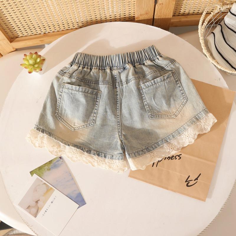 Girls' Lace Hem Denim Shorts - Soft, Elastic Waist, Breathable, Casual Summer Wear
