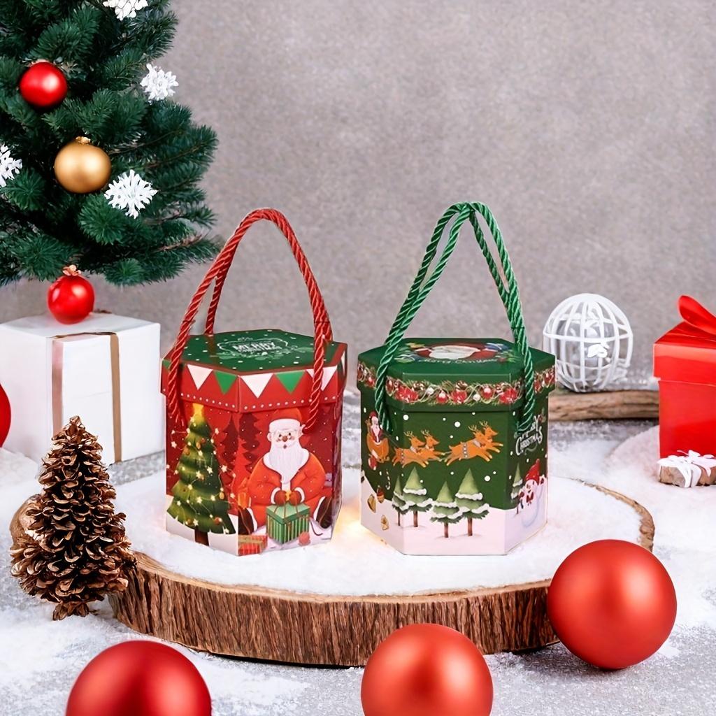 10 Stück Festliche Weihnachtsgeschenkboxen mit Tragekordel, Cartoon-Weihnachtsmann-Rentier-Designs, Charmante Papierverpackung mit Weihnachtsbaum-Thema