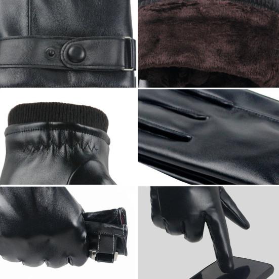 1 Pair Winter Cycling Gloves Faux Leather Touch Screen Anti-slip Thermal Scratch Resistant Windproof Warm Plush Thicken Winter Mittens for Camping